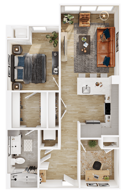 Floor plan for 1 bed, 1 bath, 746 sqft